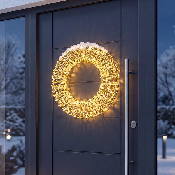 SOLIGHT LED vánoční věnec 3D kovový, 150 LED, průměr 50cm, časovač, IP44, zlatý