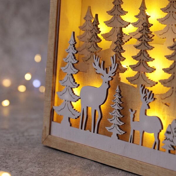 SOLIGHT LED vánoční dekorace dřevěná 3D v rámu, 12 LED, 25x25cm, časovač, 2x AA, IP20