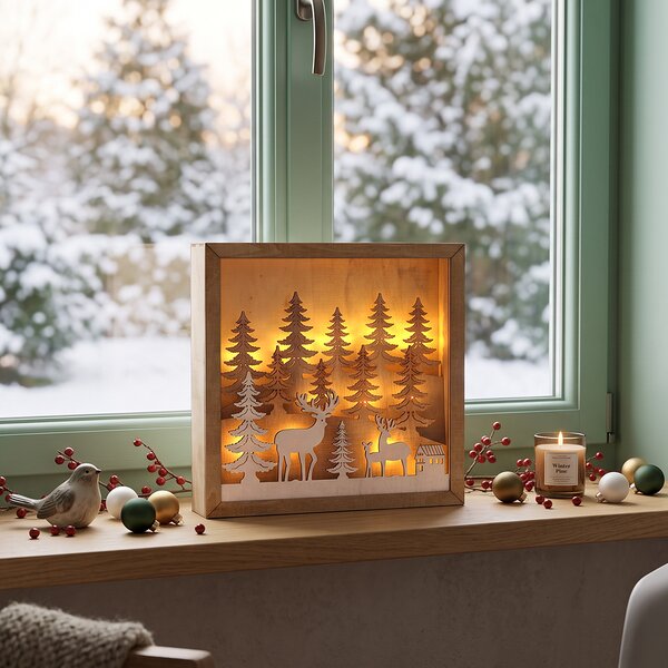 SOLIGHT LED vánoční dekorace dřevěná 3D v rámu, 12 LED, 25x25cm, časovač, 2x AA, IP20