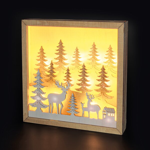 SOLIGHT LED vánoční dekorace dřevěná 3D v rámu, 12 LED, 25x25cm, časovač, 2x AA, IP20