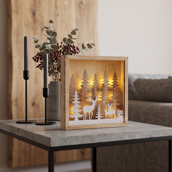 SOLIGHT LED vánoční dekorace dřevěná 3D v rámu, 12 LED, 25x25cm, časovač, 2x AA, IP20