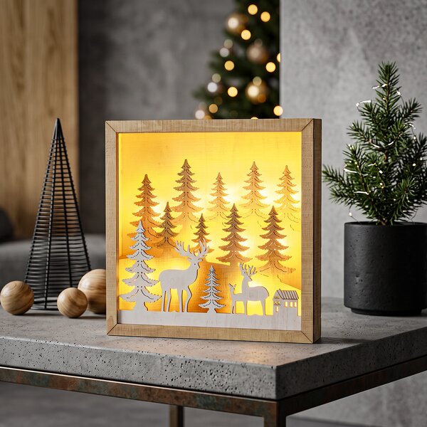 SOLIGHT LED vánoční dekorace dřevěná 3D v rámu, 12 LED, 25x25cm, časovač, 2x AA, IP20