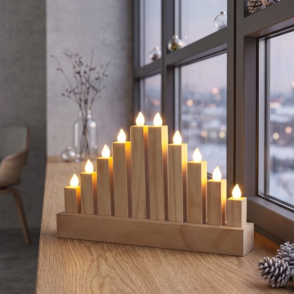 SOLIGHT LED vánoční svícen dřevěný vyřezávaný, 10 LED, 25cm, časovač, 2x AA, IP20