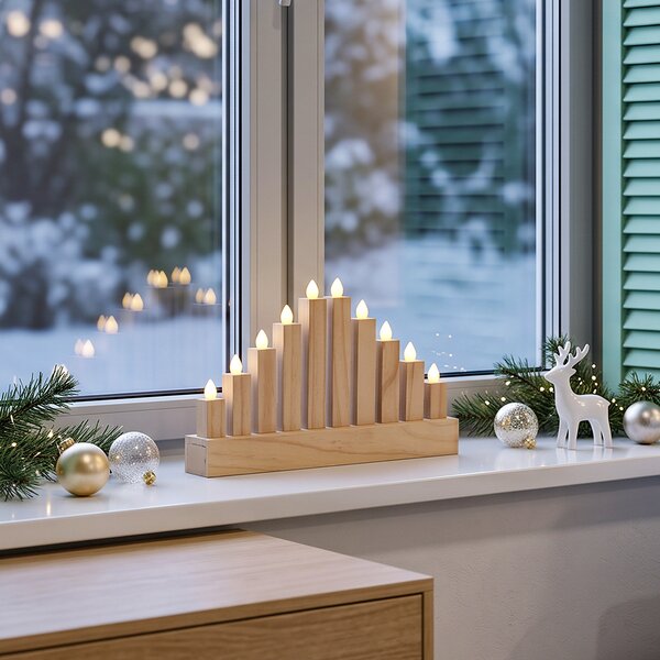 SOLIGHT LED vánoční svícen dřevěný vyřezávaný, 10 LED, 25cm, časovač, 2x AA, IP20