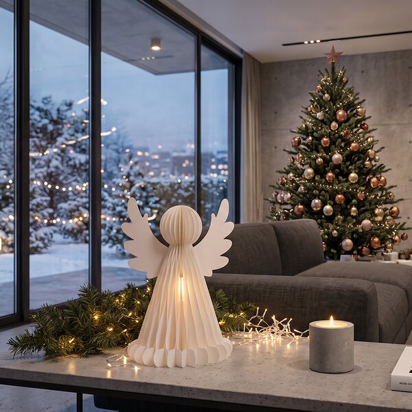 SOLIGHT LED vánoční anděl skládací papírový, 2x LED, 37cm, časovač, 3x AA, IP20, bílý