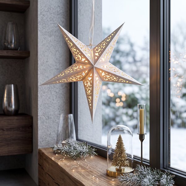 SOLIGHT LED vánoční hvězda závěsná papírová, 15 LED, 40x40cm, časovač, 2x AA, IP20, bílá