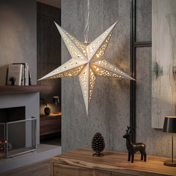 SOLIGHT LED vánoční hvězda závěsná papírová, 15 LED, 40x40cm, časovač, 2x AA, IP20, bílá