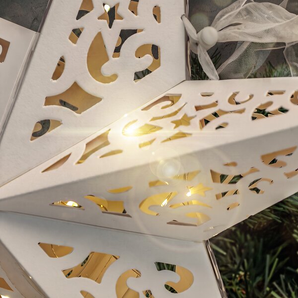 SOLIGHT LED vánoční hvězda závěsná papírová, 15 LED, 40x40cm, časovač, 2x AA, IP20, bílá