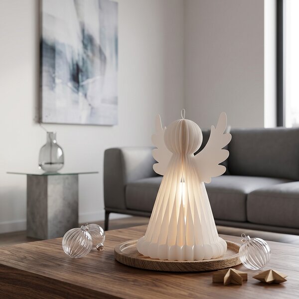 SOLIGHT LED vánoční anděl skládací papírový, 2x LED, 37cm, časovač, 3x AA, IP20, bílý