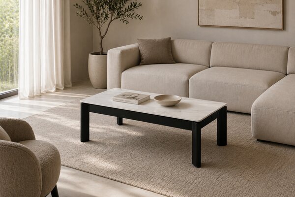 Somcasa Bílý keramický rozkládací konferenční stolek Roland 120 x 60 cm s černou podnoží