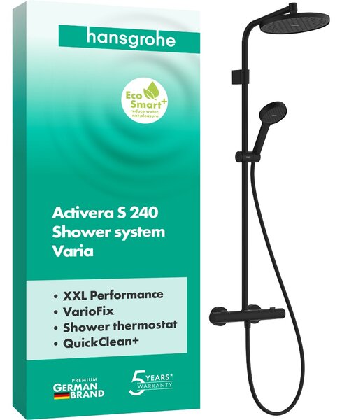 Hansgrohe Activera S - Sprchový systém Showerpipe 240 1jet se sprchovou tyčí Varia s termostatem Ecostat Fine, EcoSmart, černá matná 28078670