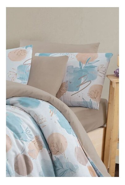 Modro-hnědé 4dílné prodloužené povlečení na dvoulůžko s prostěradlem 200x220 cm Magnolia – Mila Home