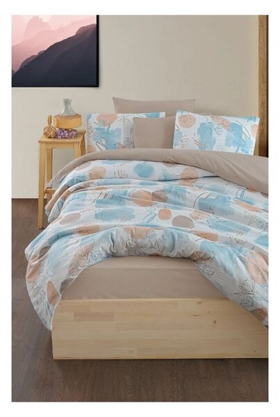 Modro-hnědé 4dílné prodloužené povlečení na dvoulůžko s prostěradlem 200x220 cm Magnolia – Mila Home