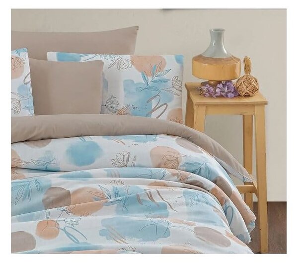Modro-hnědé 4dílné prodloužené povlečení na dvoulůžko s prostěradlem 200x220 cm Magnolia – Mila Home