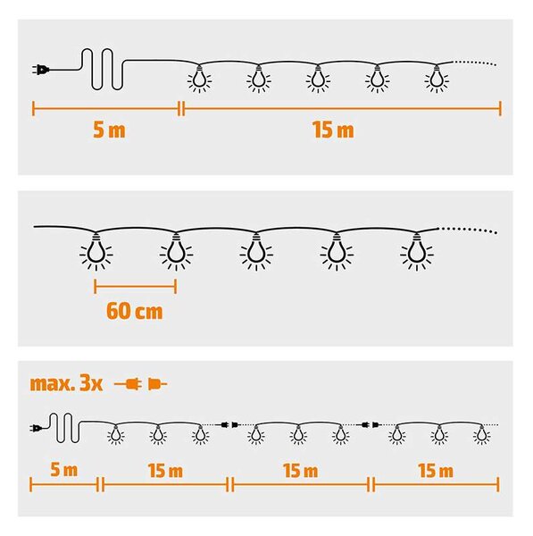 LED venkovní světelný řetěz WO794-1, 15 + 5 m, černá