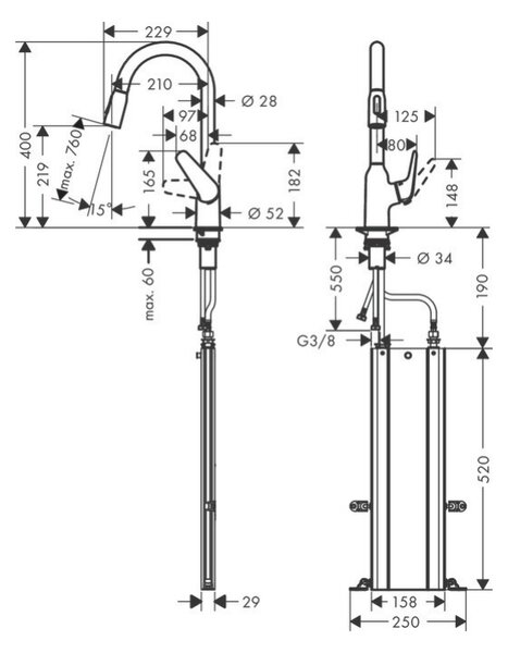 Hansgrohe Focus M42 - Kuchyňská páková baterie 220, vytahovací sprška, 2jet, sBox, chrom 71820000