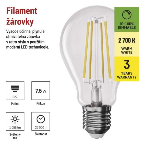 EMOS LED žárovka Filament A60 / E27 / 7,5 W (75 W) / 1 055 lm / teplá bílá / stmívatelná 1525743238