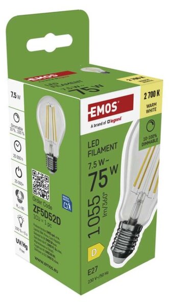 EMOS LED žárovka Filament A60 / E27 / 7,5 W (75 W) / 1 055 lm / teplá bílá / stmívatelná 1525743238