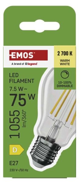 EMOS LED žárovka Filament A60 / E27 / 7,5 W (75 W) / 1 055 lm / teplá bílá / stmívatelná 1525743238
