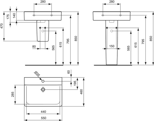 Ideal Standard Connect - Umyvadlo CUBE 550x460 mm, bez přepadu, 1 otvor pro baterii, bílá E811301