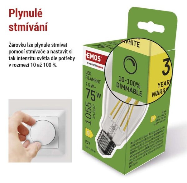 EMOS LED žárovka Filament A60 / E27 / 7,5 W (75 W) / 1 055 lm / teplá bílá / stmívatelná 1525743238