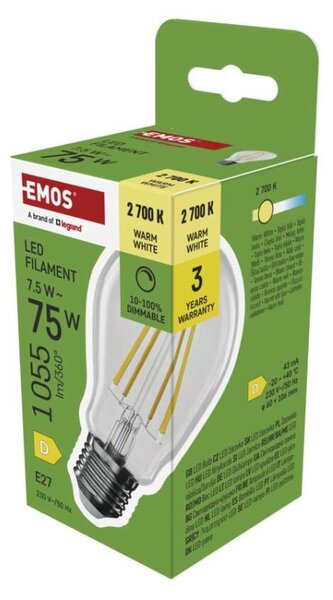 EMOS LED žárovka Filament A60 / E27 / 7,5 W (75 W) / 1 055 lm / teplá bílá / stmívatelná 1525743238