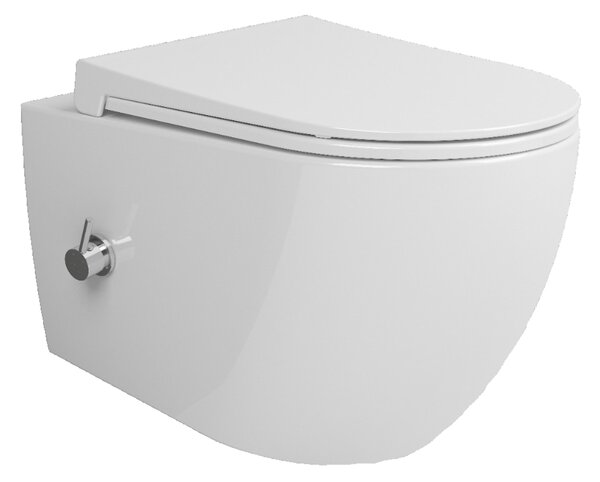Bocchi Dura - Závěsné WC 355x525 mm Rimless + bidetový set + slim sedátko, SoftClose - SET, bílá lesklá