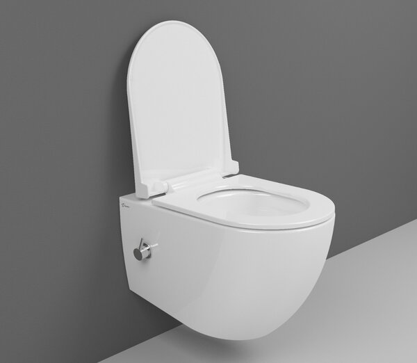 Bocchi Dura - Závěsné WC 355x525 mm Rimless + bidetový set + slim sedátko, SoftClose - SET, bílá lesklá