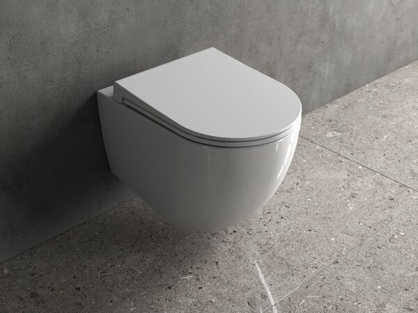Bocchi Dura - Závěsné WC 355x525 mm Rimless + slim sedátko, SoftClose - SET, bílá lesklá