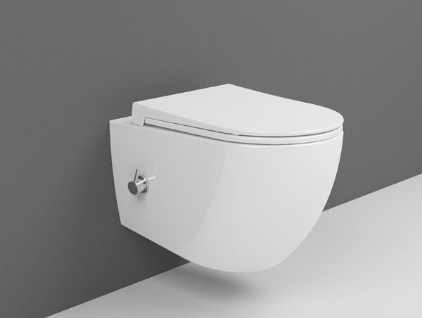 Bocchi Dura - Závěsné WC 355x525 mm Rimless + bidetový set + slim sedátko, SoftClose - SET, bílá lesklá