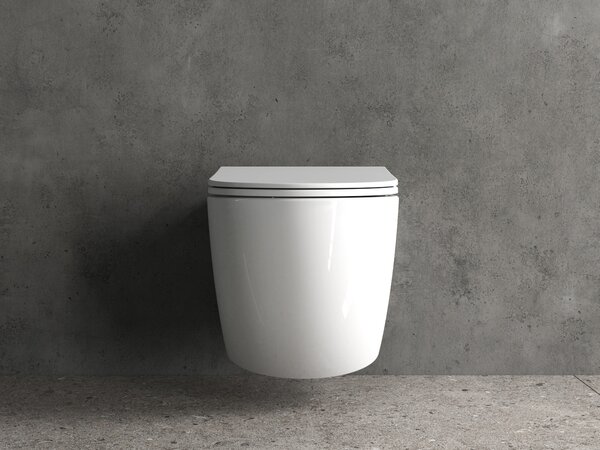 Bocchi Dura - Závěsné WC 355x525 mm Rimless + slim sedátko, SoftClose - SET, bílá lesklá