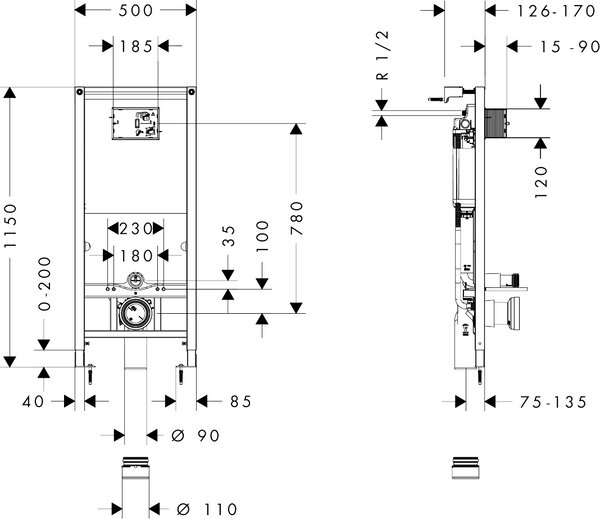 Hansgrohe iFrame Universal - Podomítkový instalační systém pro závěsné WC, 1120 mm, 01022180
