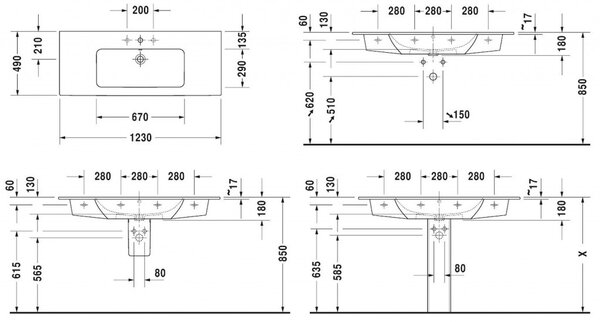 Duravit ME by Starck - Nábytkové umyvadlo 1230x490 mm, s přepadem, bílá matná 2336123200