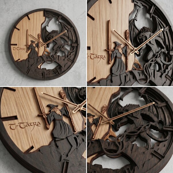 3D Dřevěné dubové hodiny - LOTR Gandalf a Balrog - 30cm/50cm/80cm