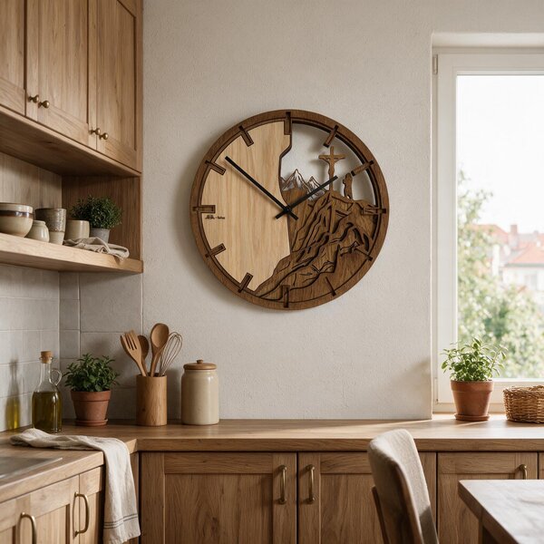 3D Dřevěné dubové hodiny - Kříž a hory Atama - 30cm/50cm/80cm