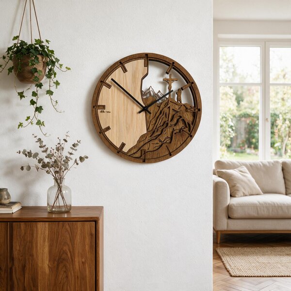 3D Dřevěné dubové hodiny - Kříž a hory Atama - 30cm/50cm/80cm
