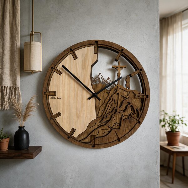 3D Dřevěné dubové hodiny - Kříž a hory Atama - 30cm/50cm/80cm