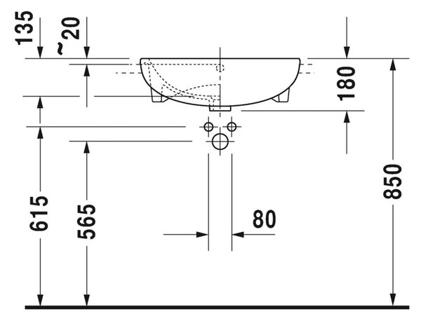 Duravit ME by Starck - Polozápustné umyvadlo 550x455 mm, 1 otvor na baterii propíchnutý, bílá 0378550000