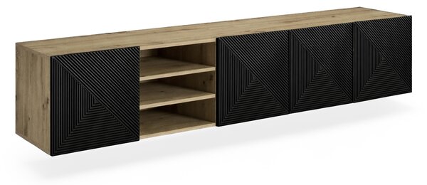 Závěsný TV stolek Asha 200 cm s rýhovanými dvířky a výklenkem - dub artisan / černý mat