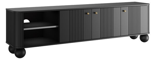 Černá třídvéřová TV skříňka Vesper 187 cm - zlaté úchyty / kulaté nohy
