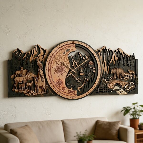 3D Dřevěné dubové hodiny - Horský svět Alpy 30cm-50cm-80cm