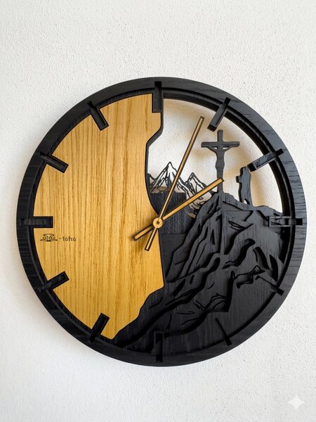 3D Dřevěné dubové hodiny - Kříž a hory - 30cm/50cm/80cm