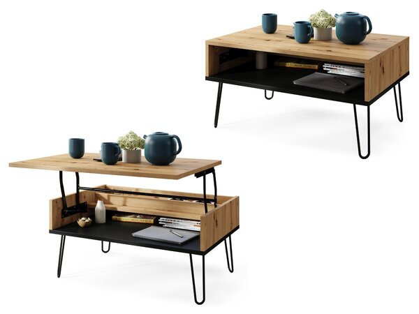 Mazzoni HAIRPIN S-90 Dub Artisan/Černý Mat - MODERNÍ KÁVOVÝ STOLEK SE ZVEDATELNOU DESKOU + ÚLOŽNÝM PROSTOREM + POLICÍ