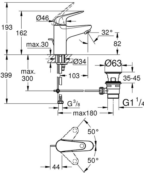 GROHE Swift - Páková umyvadlová baterie, velikost S, chrom 24316001