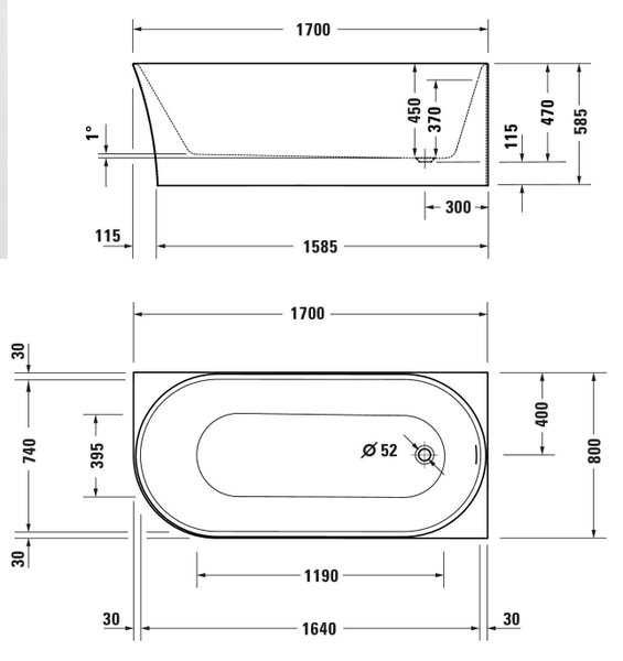 Duravit DuraSenja - Volně stojící vana 1700x800 mm do pravého rohu, bílá 700581000000000