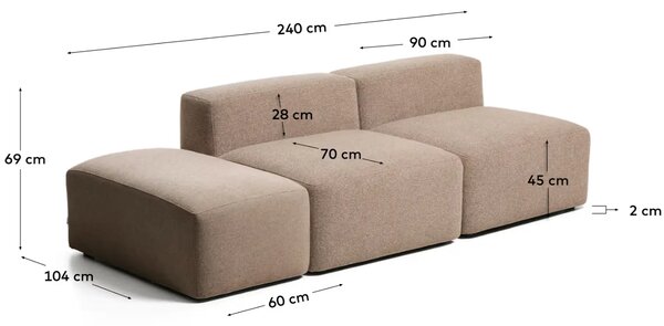 Kave Home Hnědá trojmístná pohovka Blok 240 cm s pufem
