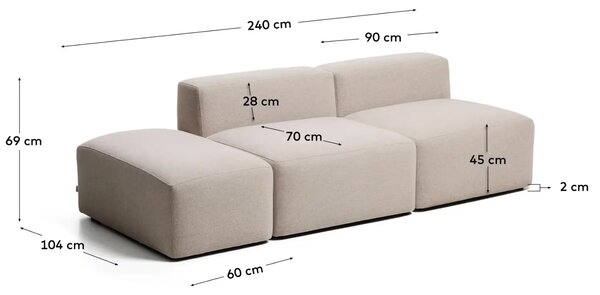 Kave Home Béžová trojmístná pohovka Blok 240 cm s pufem