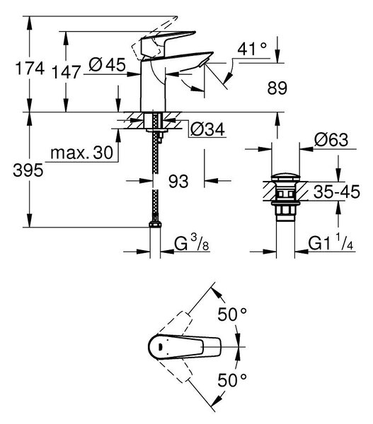 GROHE Start Edge - Páková umyvadlová baterie, velikost S, chrom 23898001