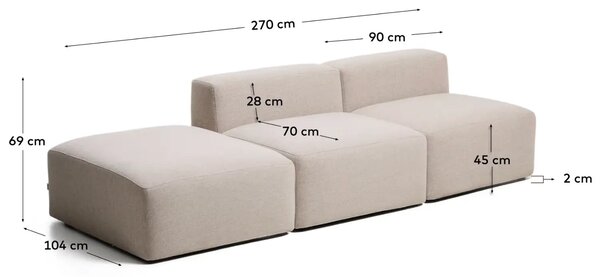 Kave Home Béžová trojmístná pohovka Blok 270 cm s pufem