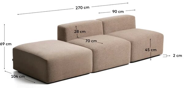 Kave Home Hnědá trojmístná pohovka Blok 270 cm s pufem